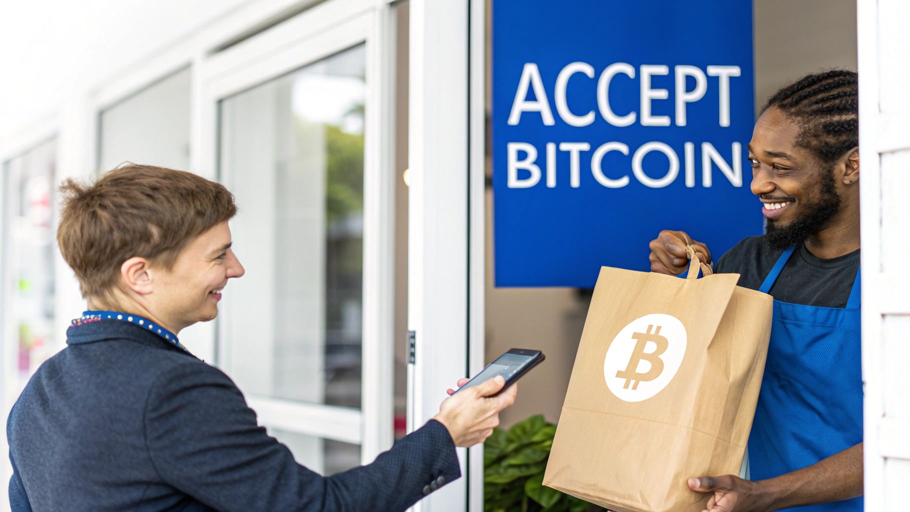 A hand holding a smartphone displaying a Bitcoin payment QR code, with a point-of-sale terminal in the background.