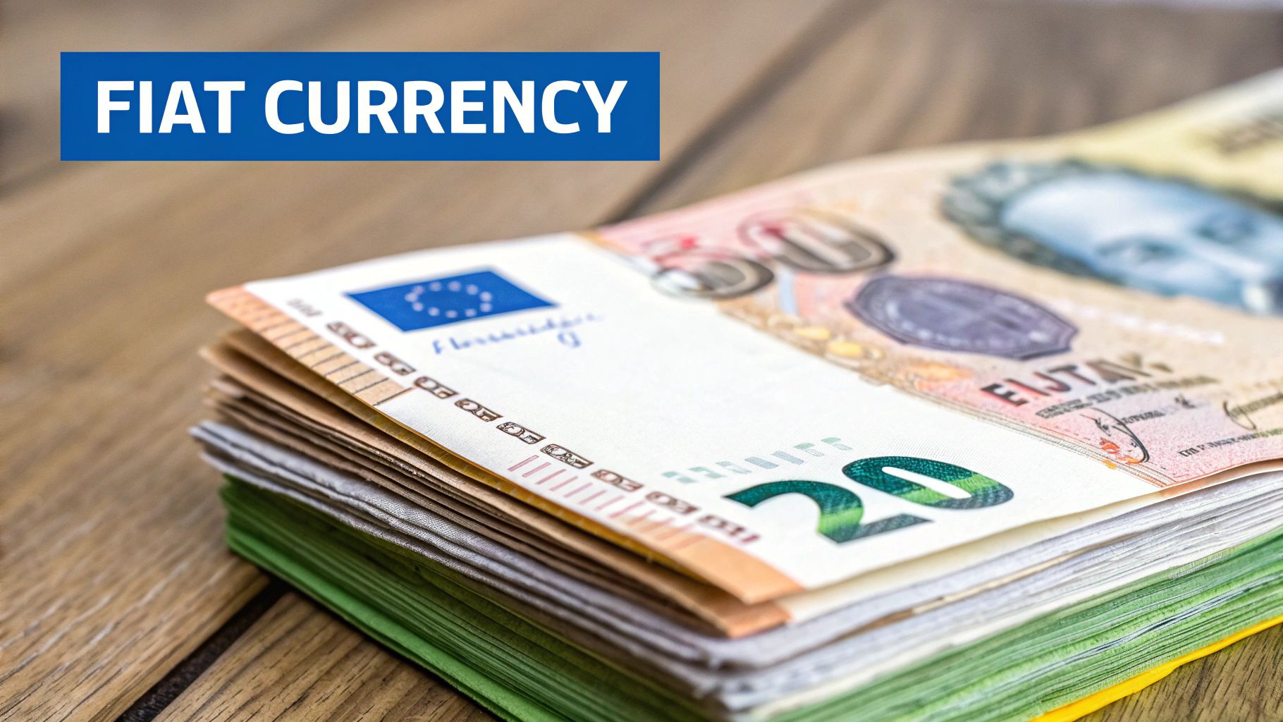 A visual comparison showing a traditional bank representing fiat currency and a digital network representing cryptocurrency.