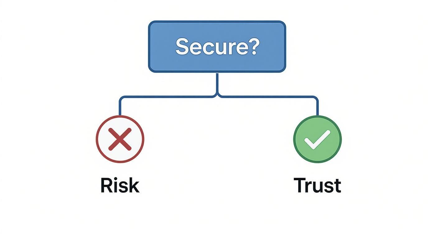 Infographic decision tree showing that security leads to trust, while a lack of security leads to risk.