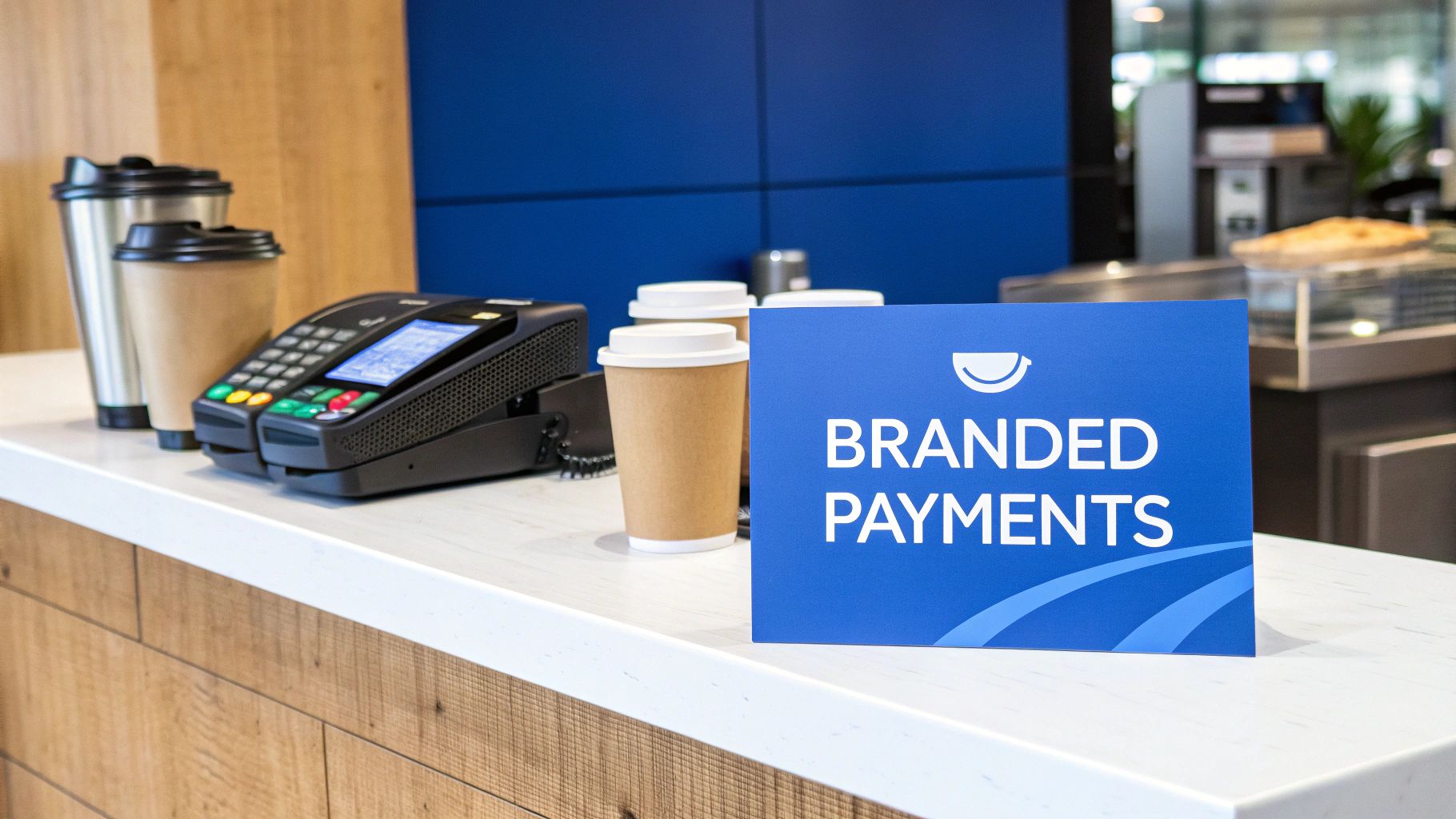 A stylized graphic showing a generic payment interface being customized with a company's unique branding, colors, and logo.