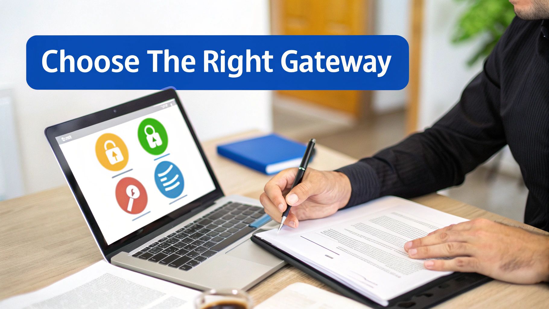 A person at a desk carefully reviewing documents to choose a payment gateway