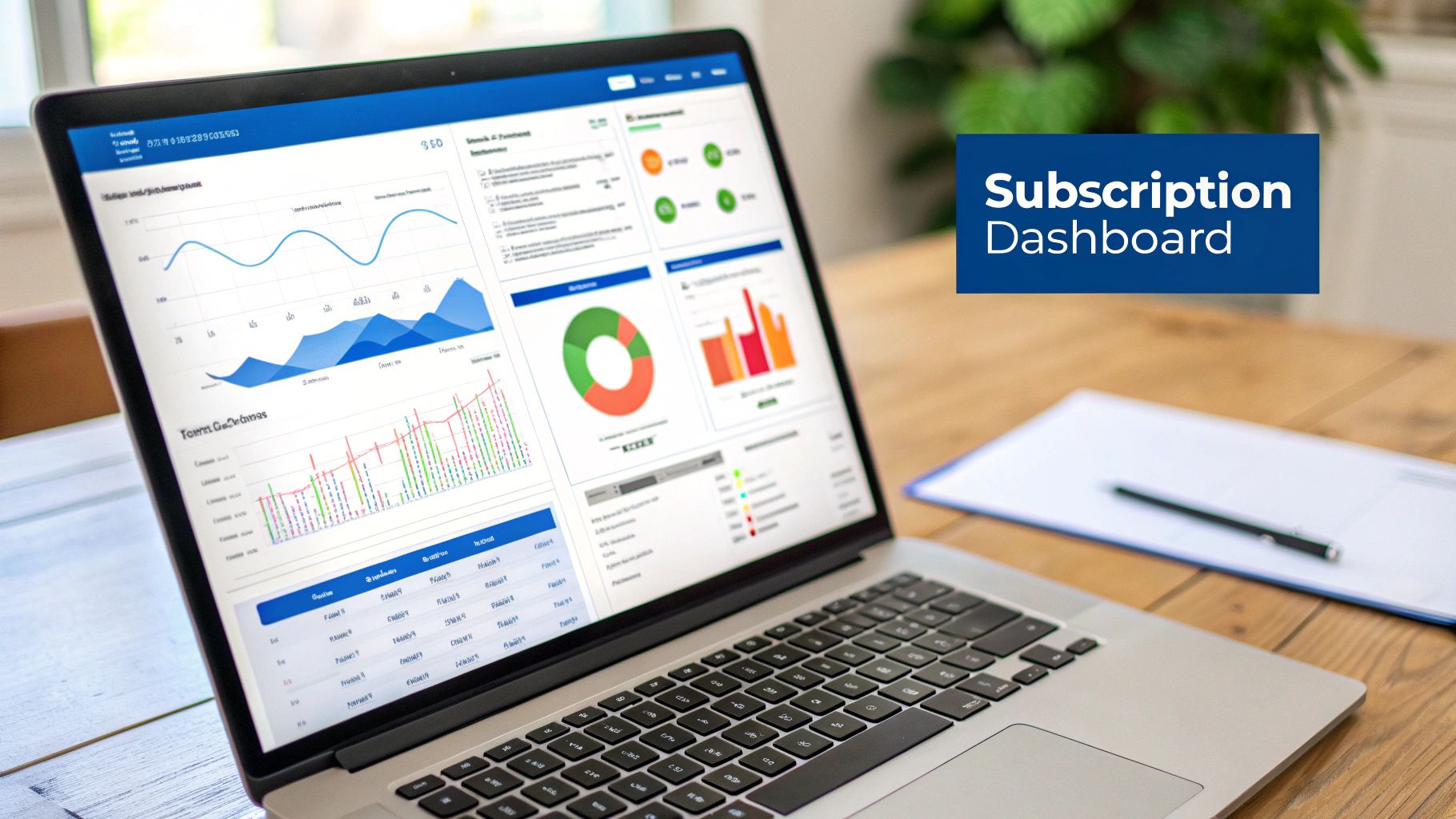 A digital dashboard showing key subscription metrics like MRR and churn rate