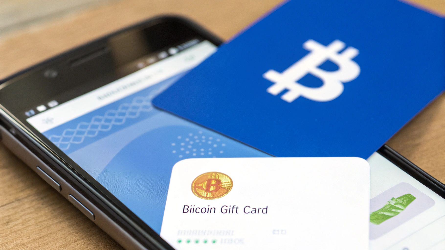 A person holding a Bitcoin gift card in front of a computer screen showing cryptocurrency charts
