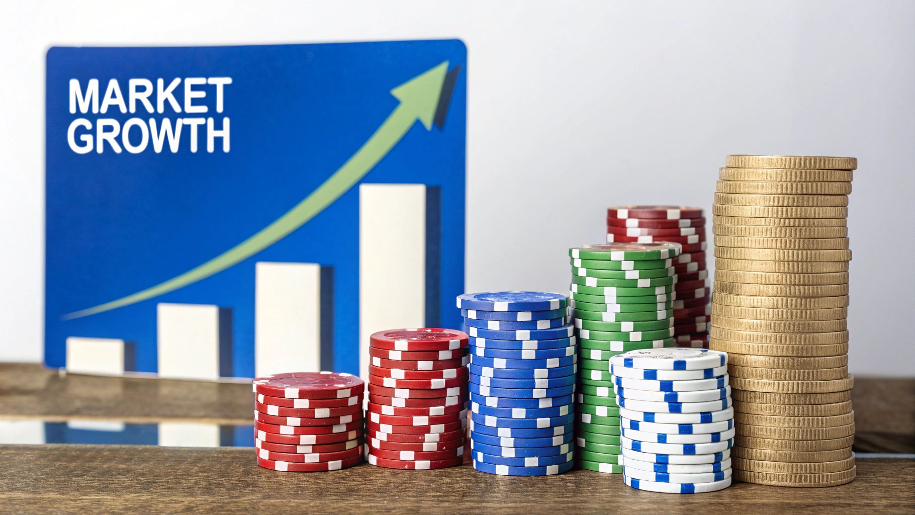 A digital graph showing an upward trend with cryptocurrency symbols, illustrating the growth of the crypto gambling market.