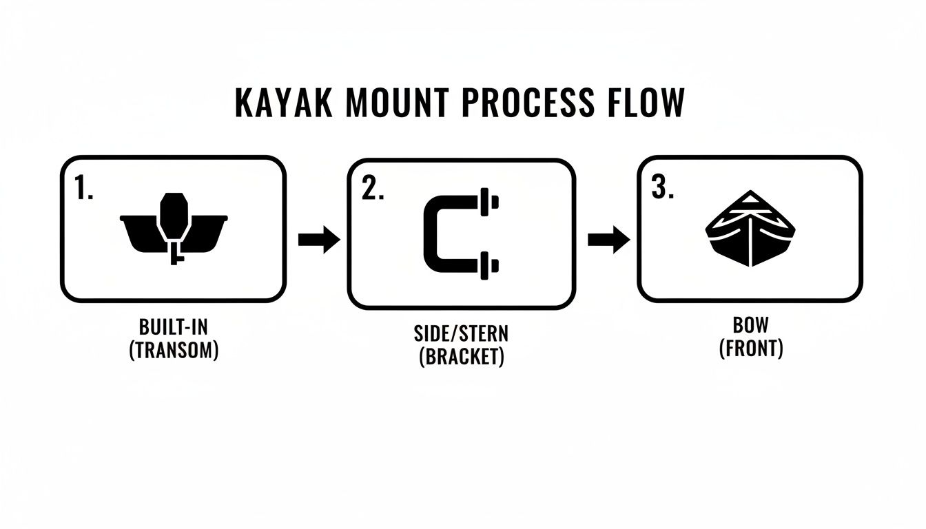 A kayak mount process flow diagram illustrating three mounting positions: built-in, side/stern, and bow.