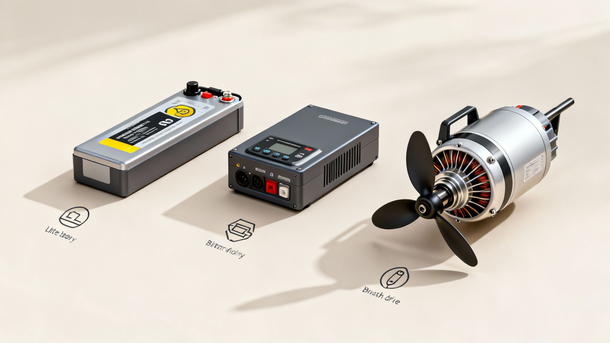Three electric boat components: a battery, a control unit, and a motor with propeller on a light surface.