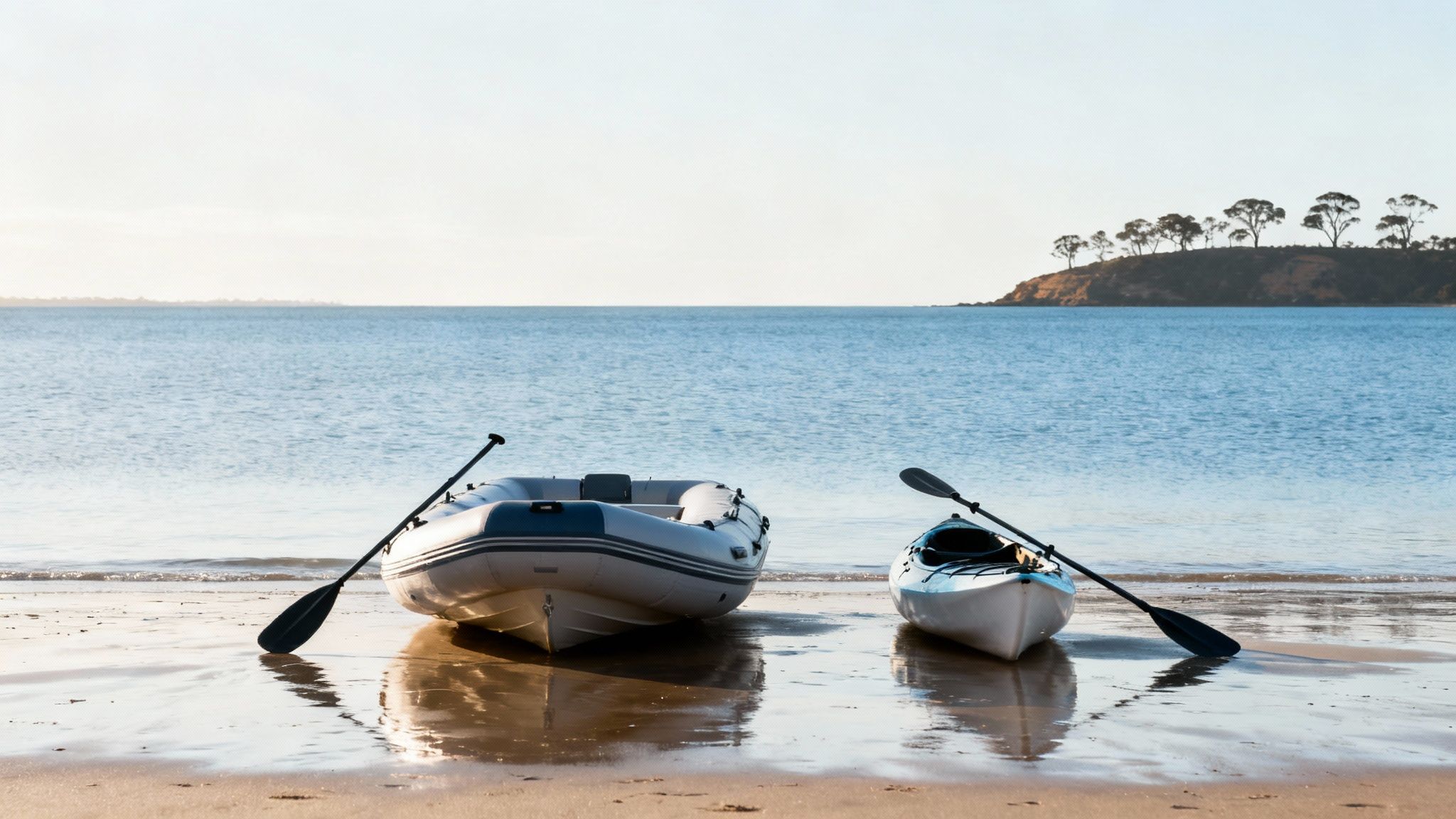 Man inspecting the construction of an inflatable boat on a sunny day