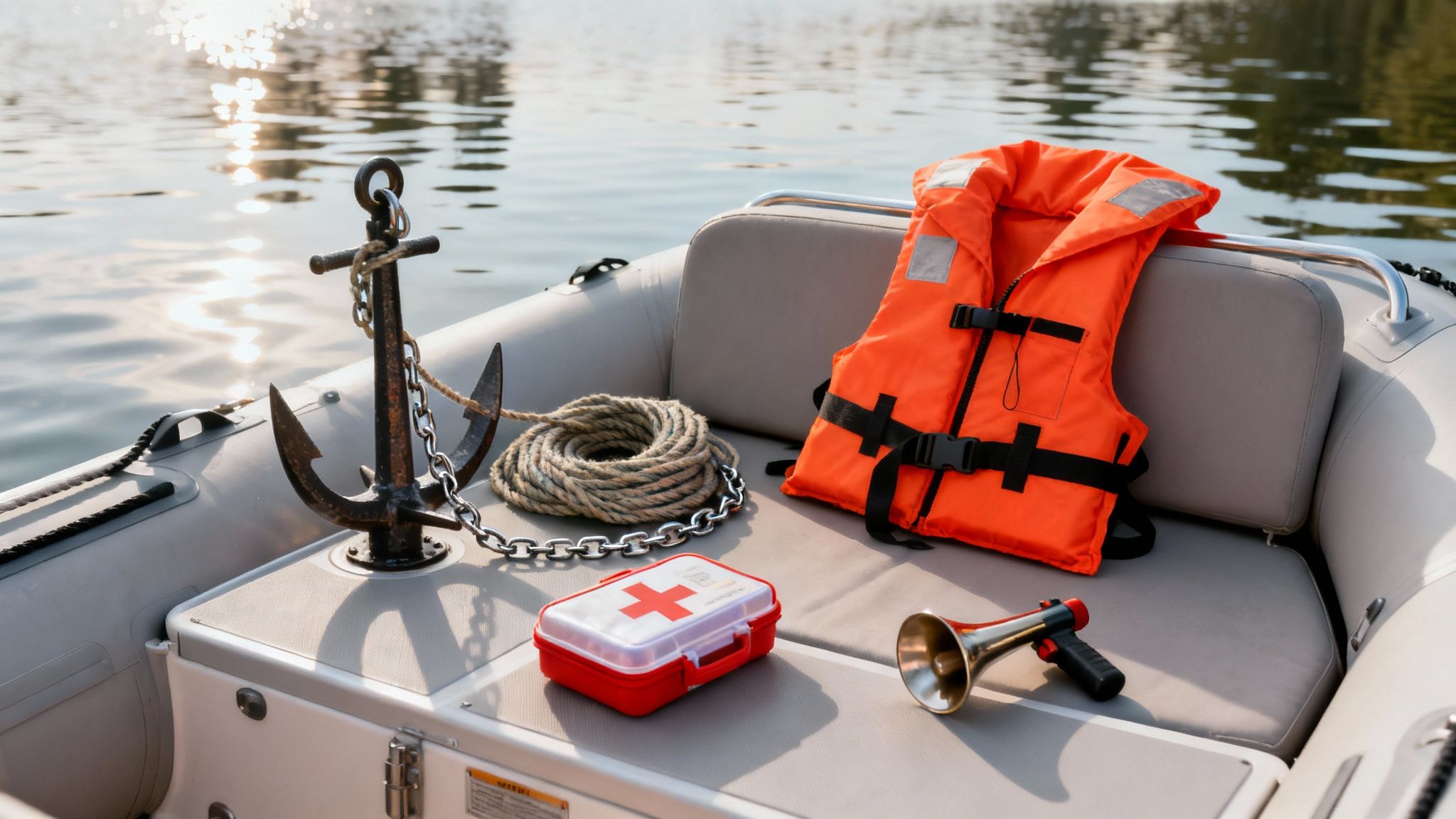 Essential boating safety and navigation accessories on a boat, including an anchor, life jacket, and first aid kit.