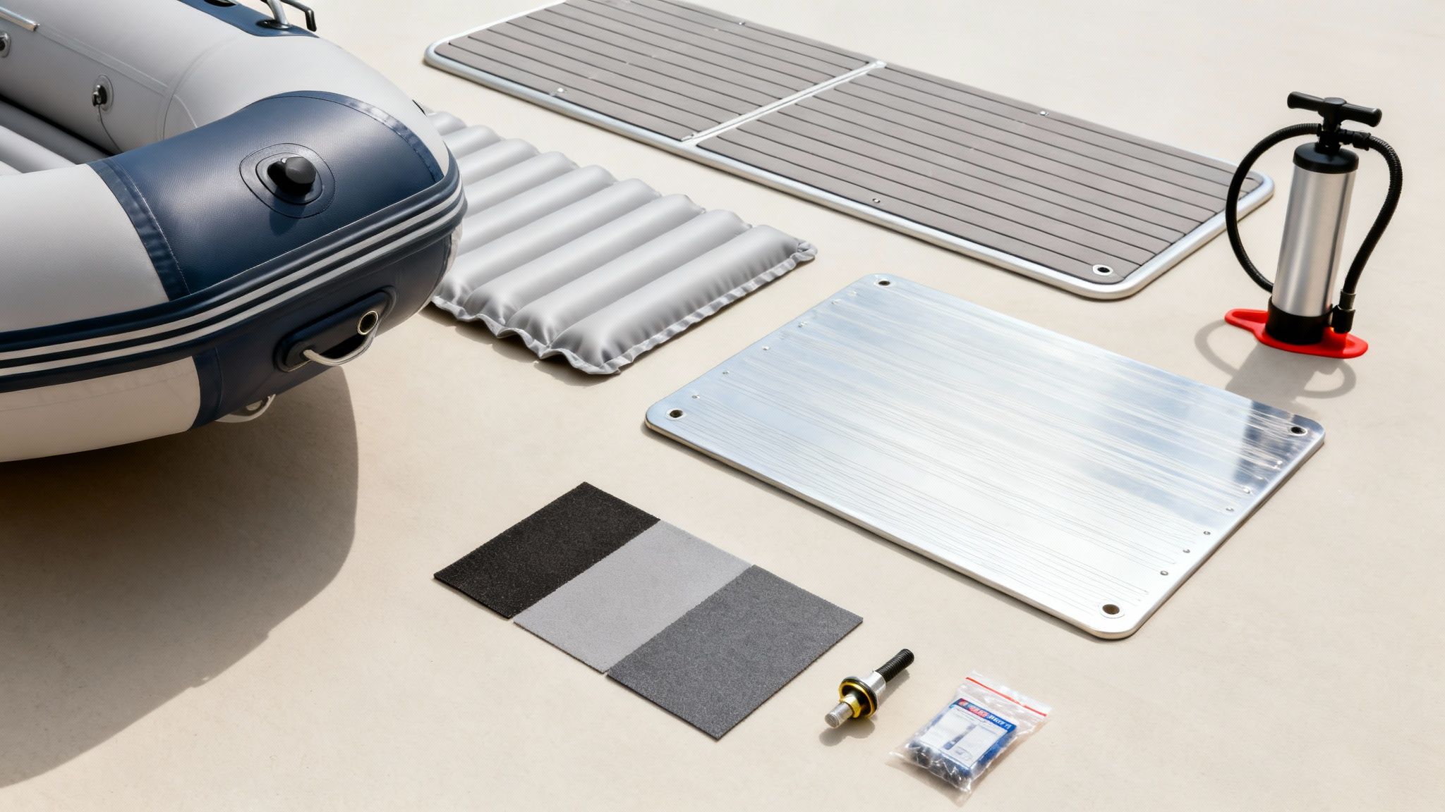A disassembled inflatable boat kit laid out on a light surface, showing the boat, floorboards, pump, and various accessories.