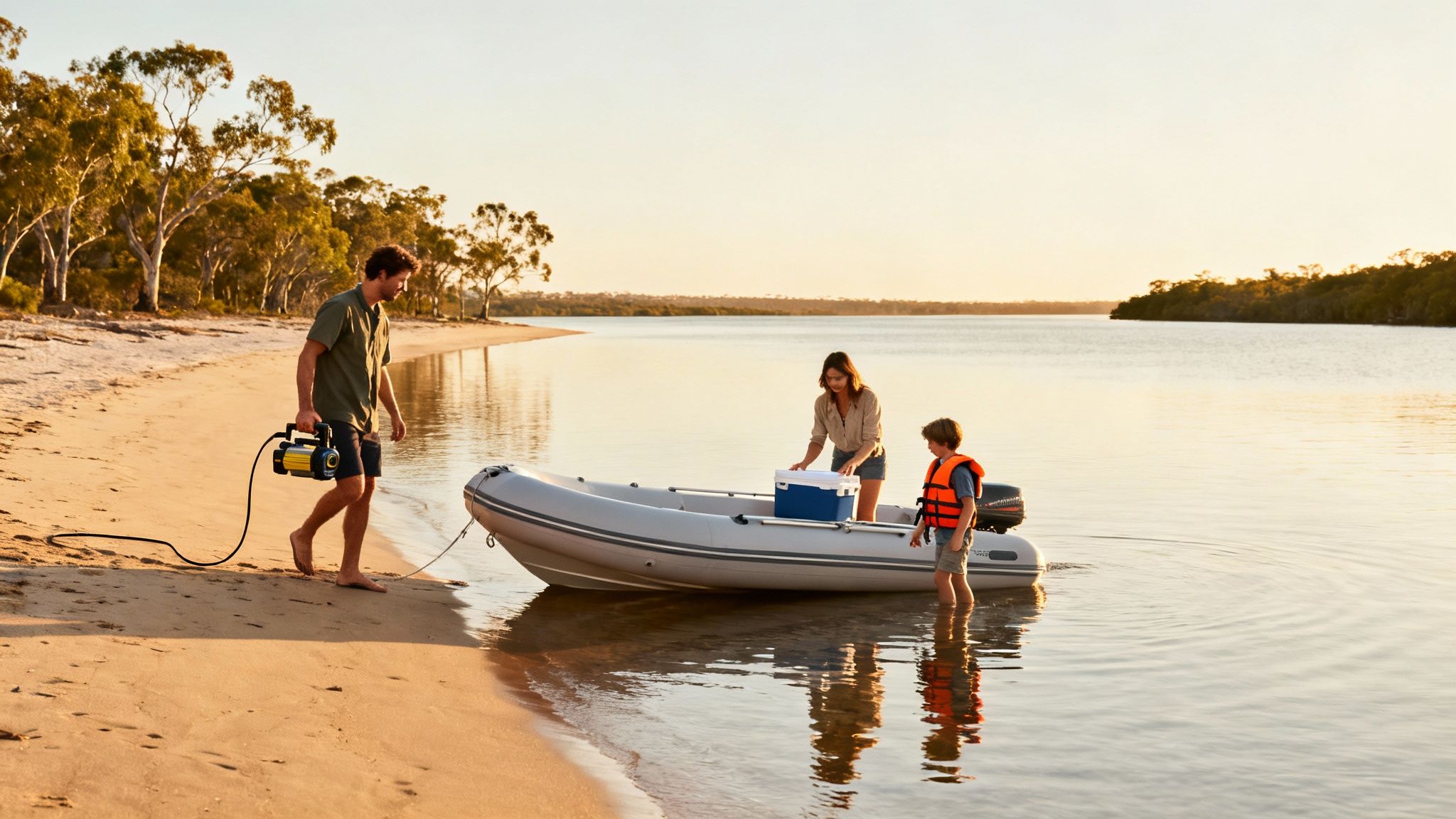 A family prepares their inflatable boat on a sandy beach at sunset, loading gear by the calm water.