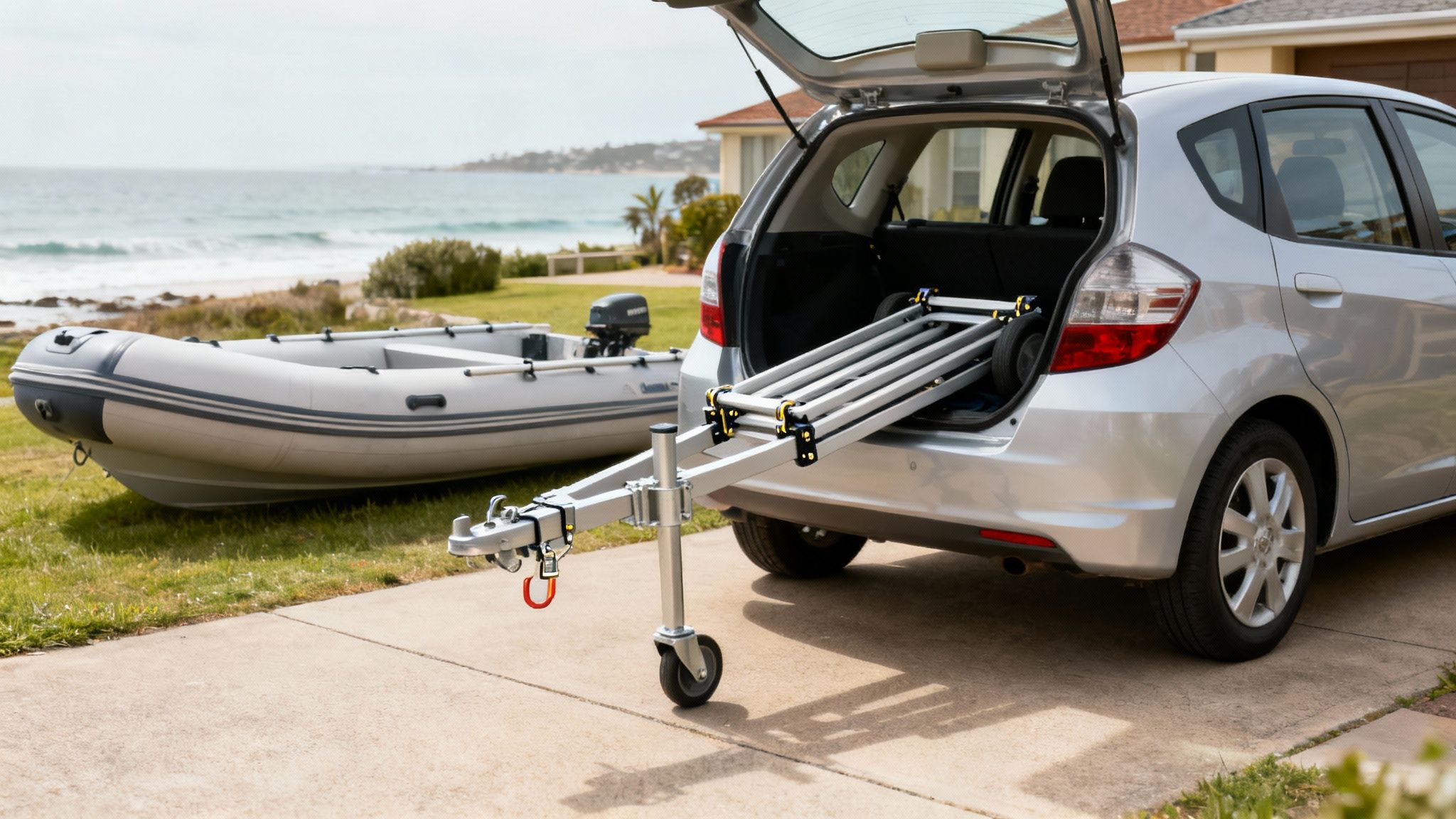 A silver car with an open trunk, showing a folded boat trailer, next to an inflatable boat by the beach.