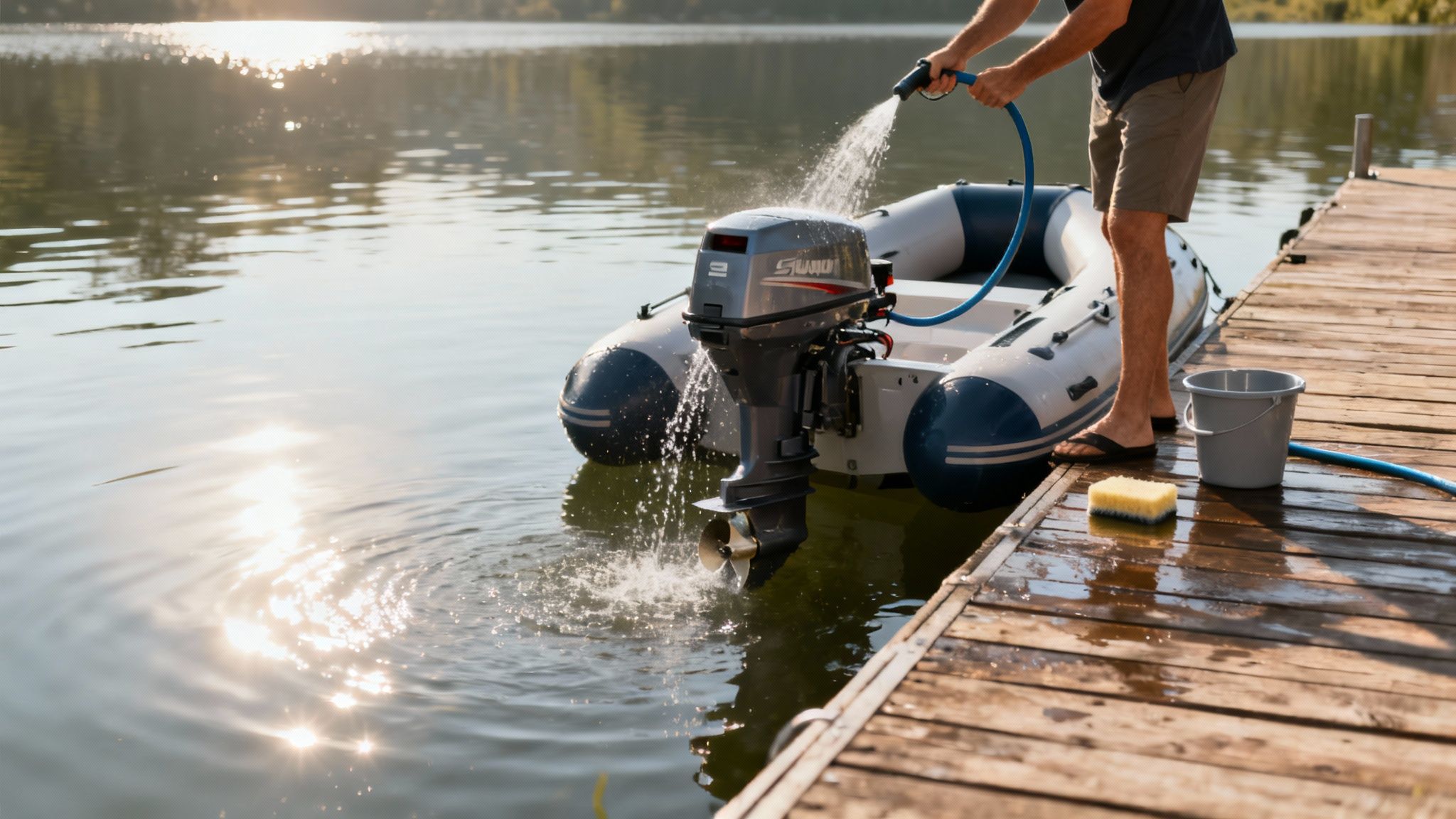 Man washing an inflatable boat with an outboard engine on a wooden dock.