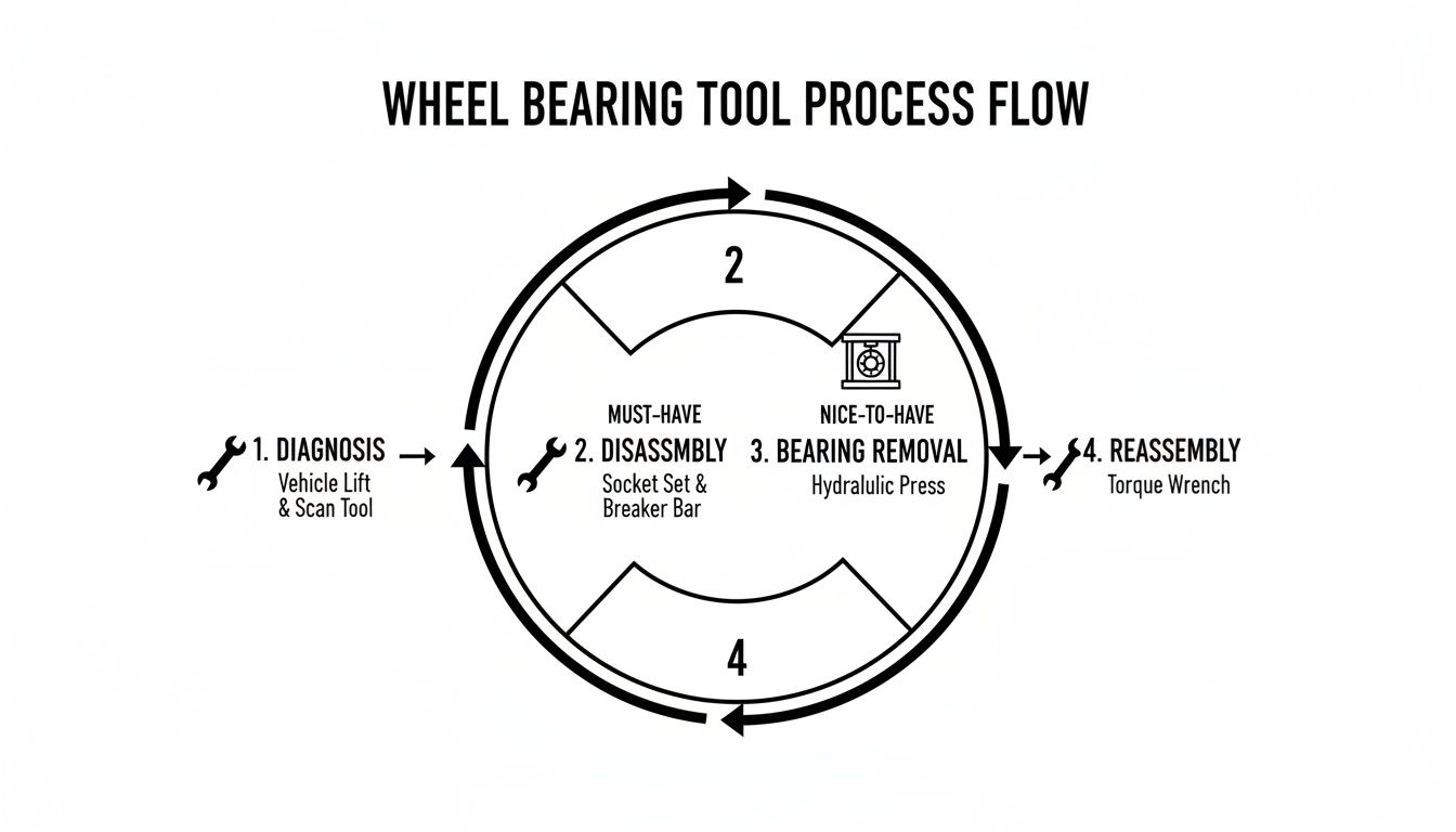 Wheel bearing replacement process flow diagram outlining diagnosis, disassembly, removal, and reassembly tools.