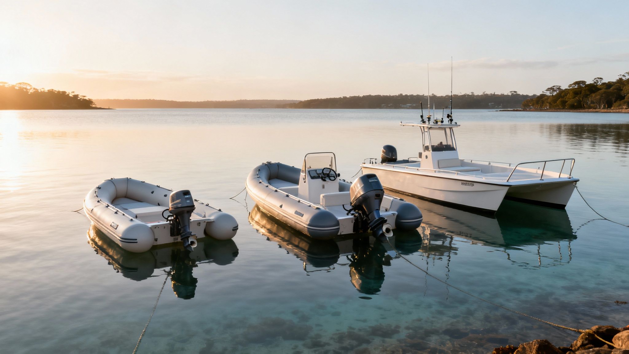 Three boats with motors, two inflatable and one catamaran, floating on calm water at sunrise.