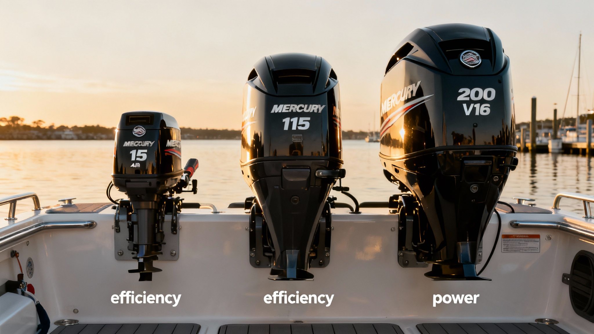 A powerful Mercury outboard motor attached to the back of a boat speeding through the water.