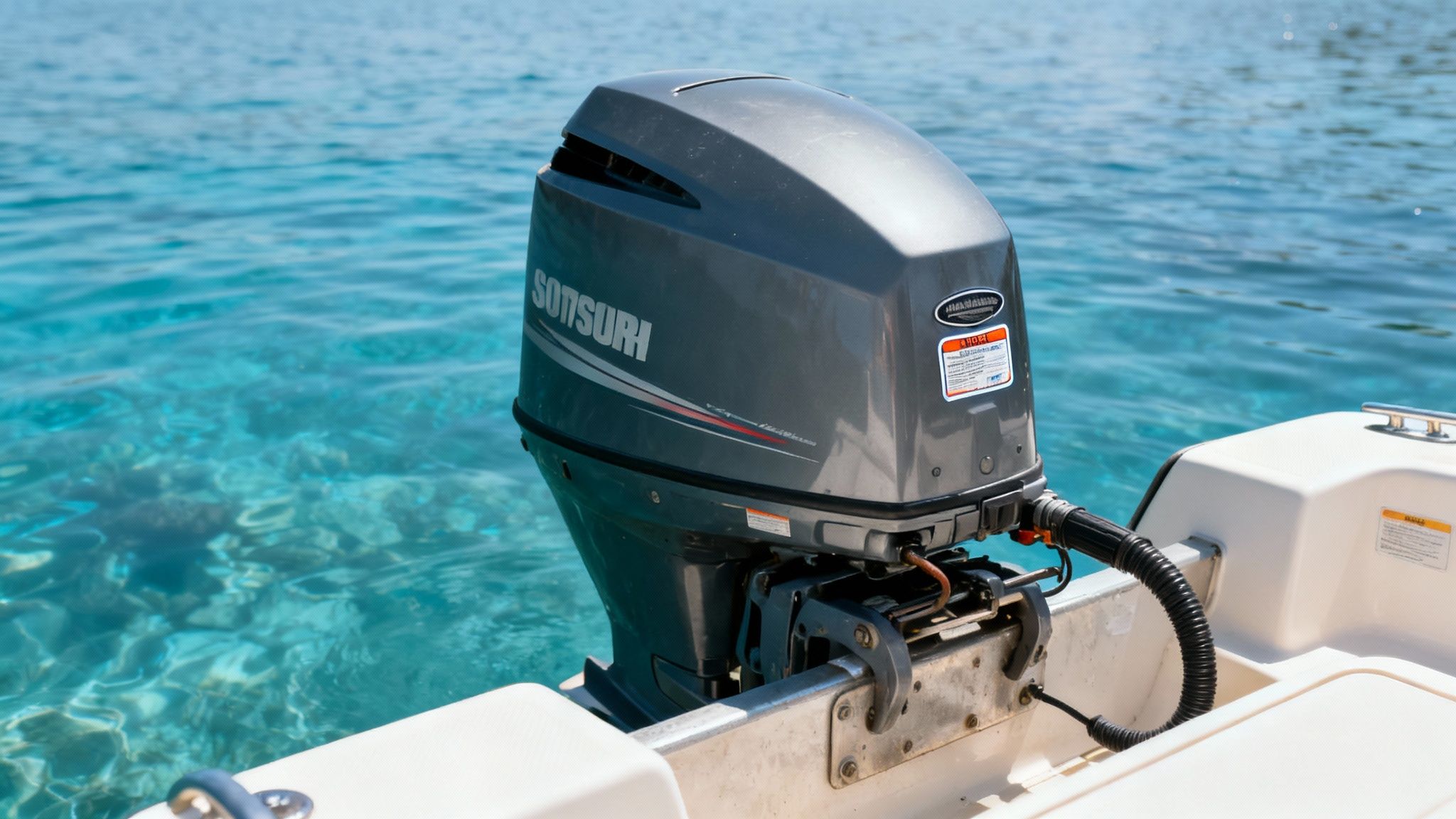 A well-maintained used outboard boat motor on the back of a boat