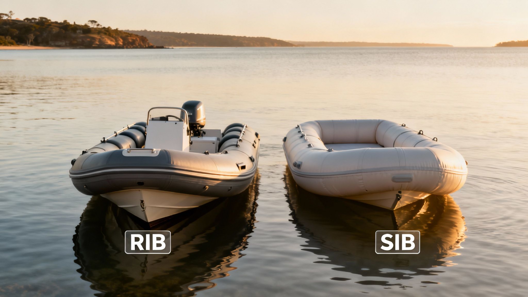 Two different types of inflatable boats, a grey RIB and a white SIB, floating in calm water at sunset.