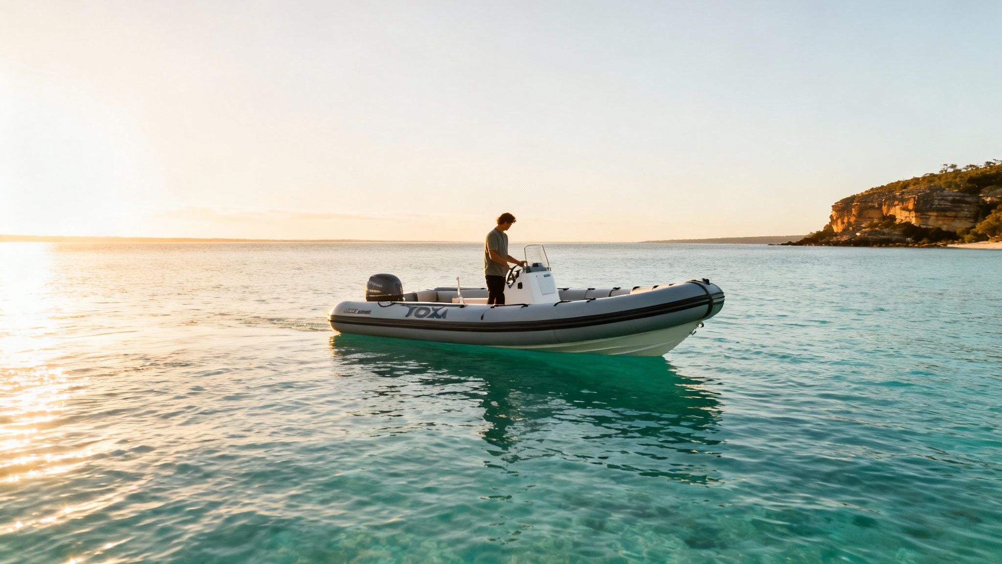 Man steering a grey inflatable dinghy on clear turquoise water at sunset with cliffs in background.