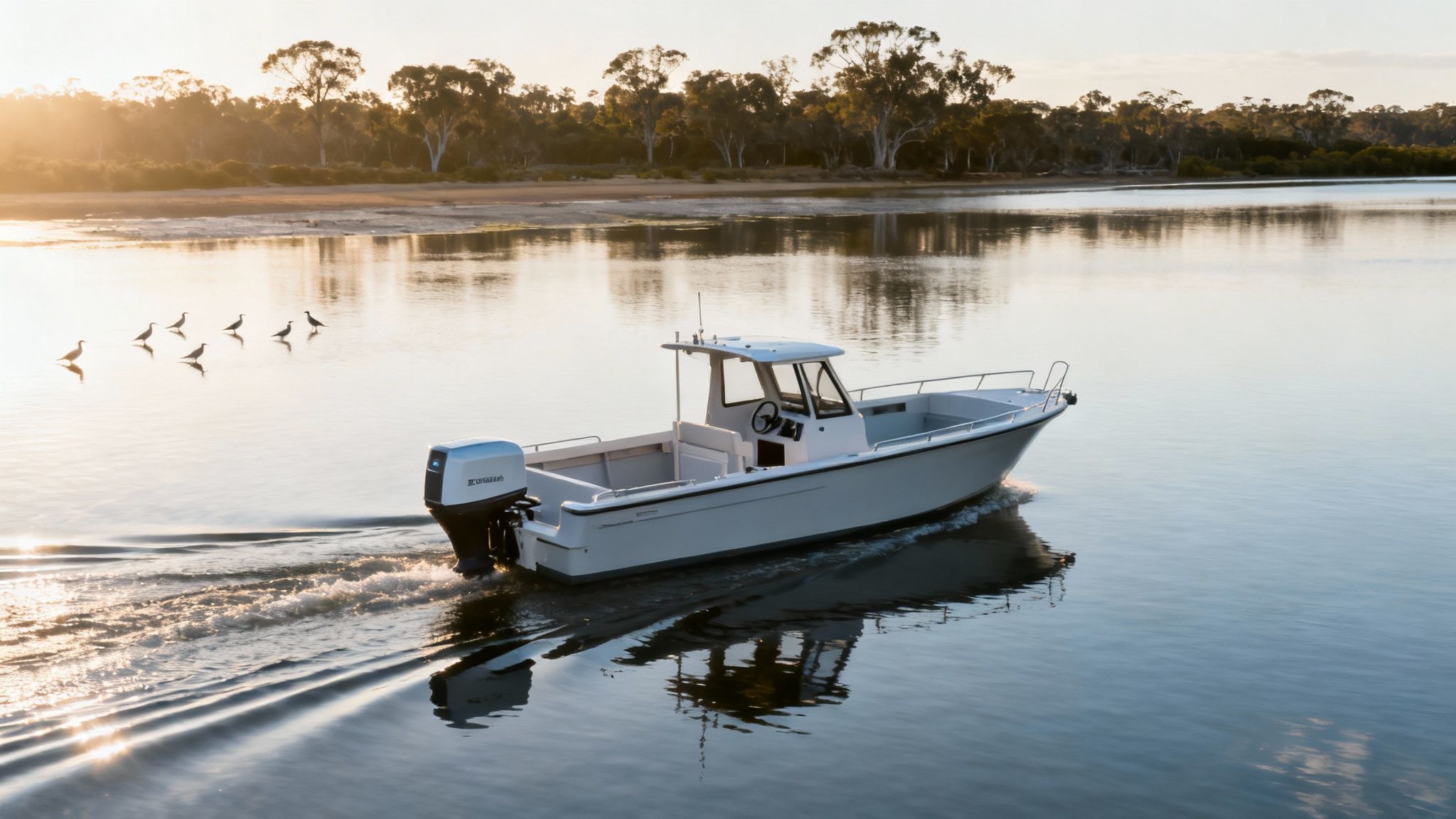 A white boat with an outboard motor glides on a serene lake at sunset with birds and trees.
