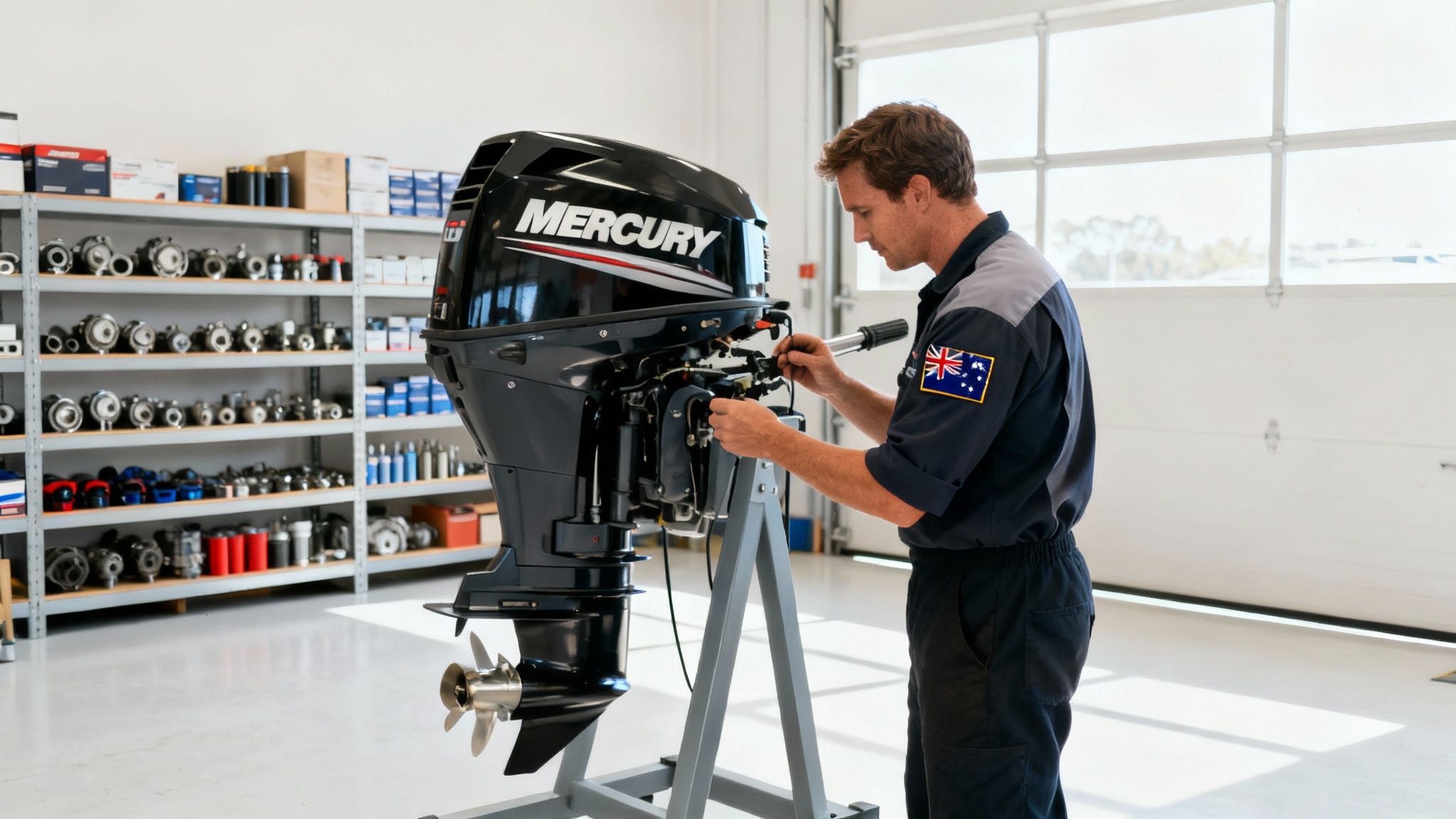 A person performing maintenance on a Mercury outboard motor.