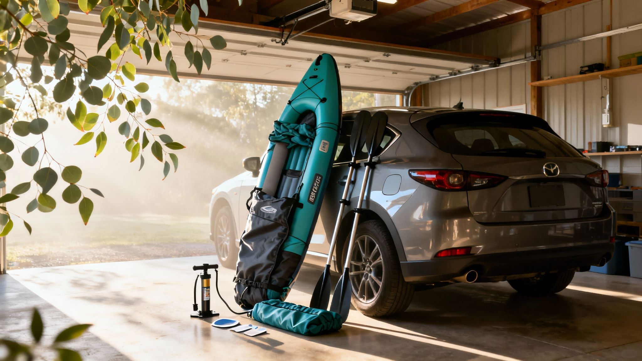 An inflatable kayak, paddles, and pump in a garage with cars, ready for water adventure.