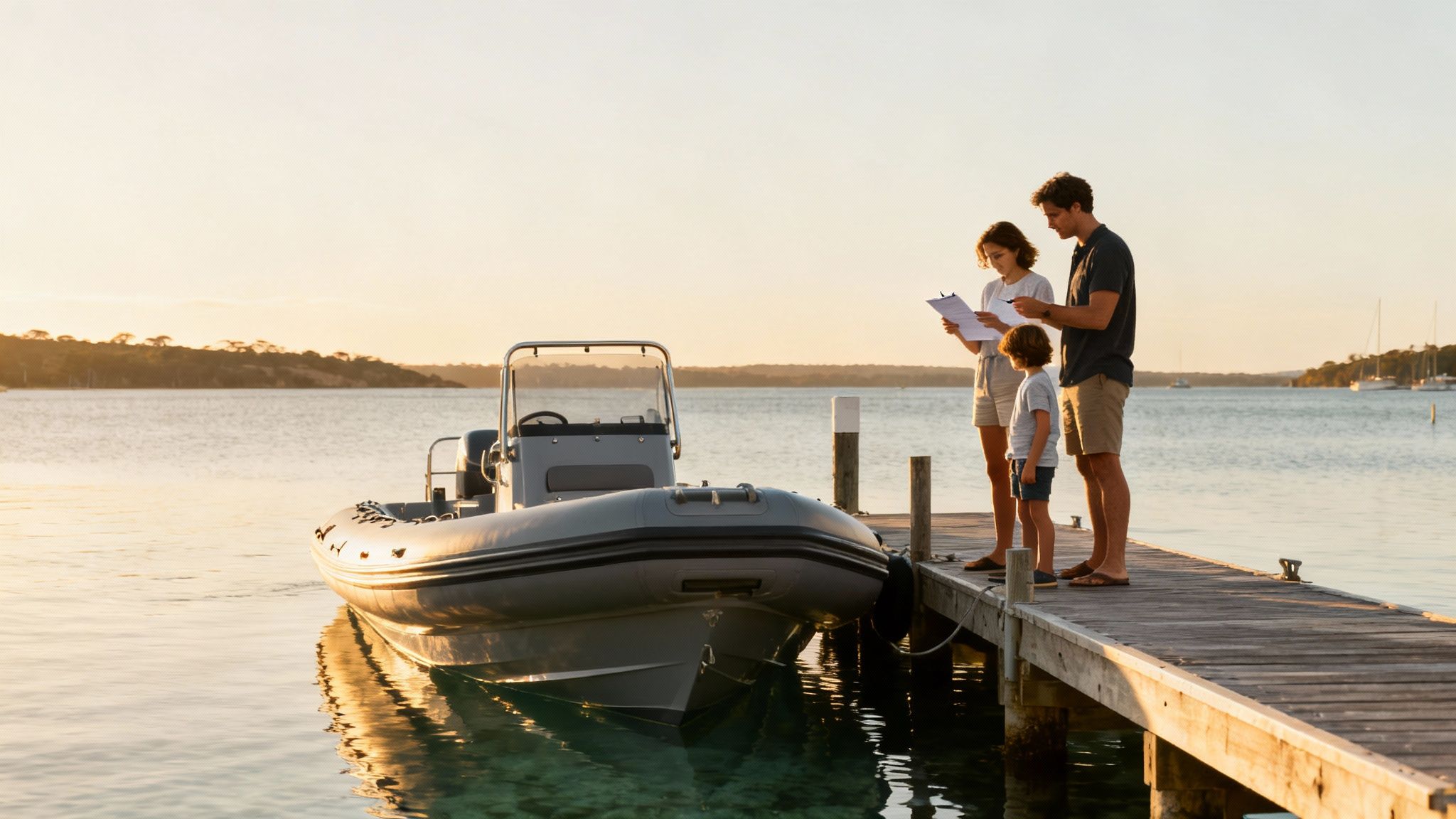 A rigid inflatable boat moving quickly across the blue water.