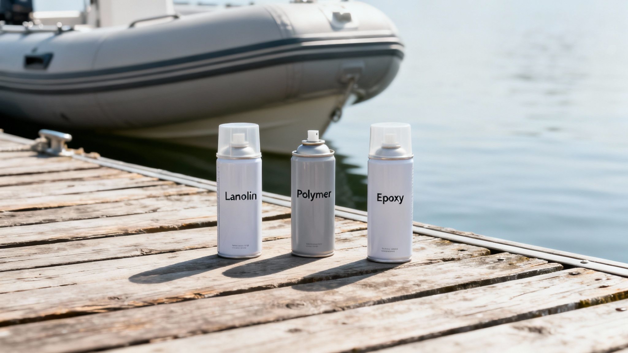 Three protective spray cans, Lanolin, Polymer, and Epoxy, on a wooden boat dock.