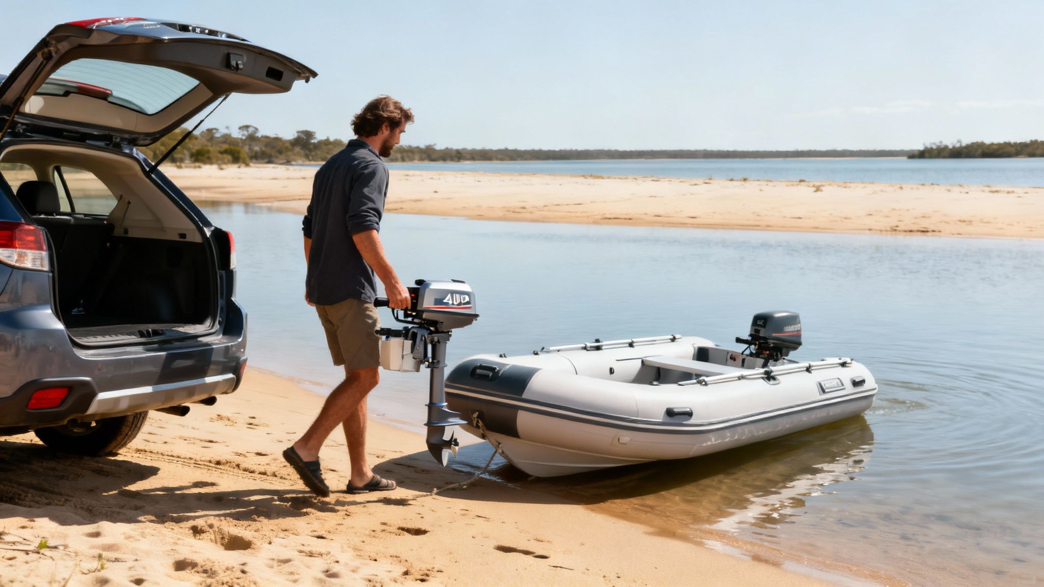 A man carries a 4 hp boat motor towards an inflatable boat on a sandy beach.
