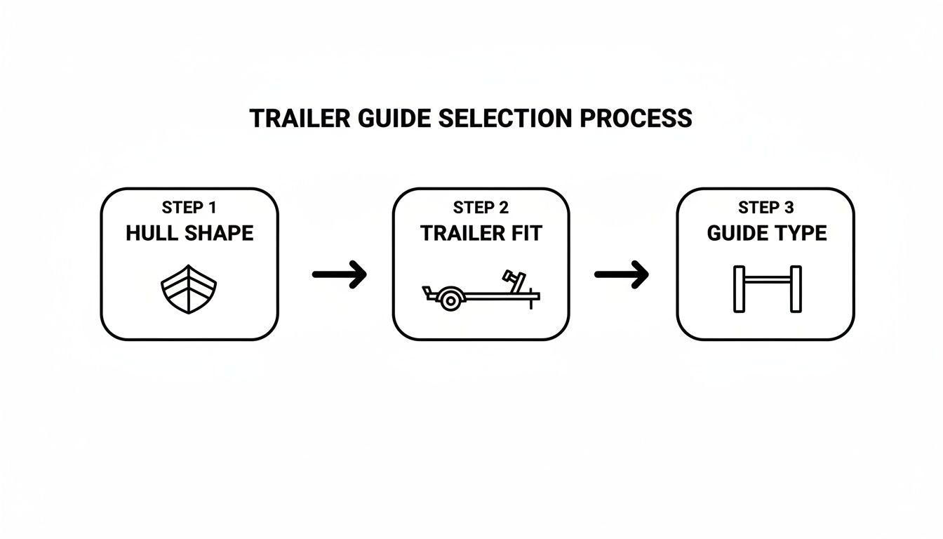 Three-step process to select boat trailer guides: Hull Shape, Trailer Fit, and Guide Type.