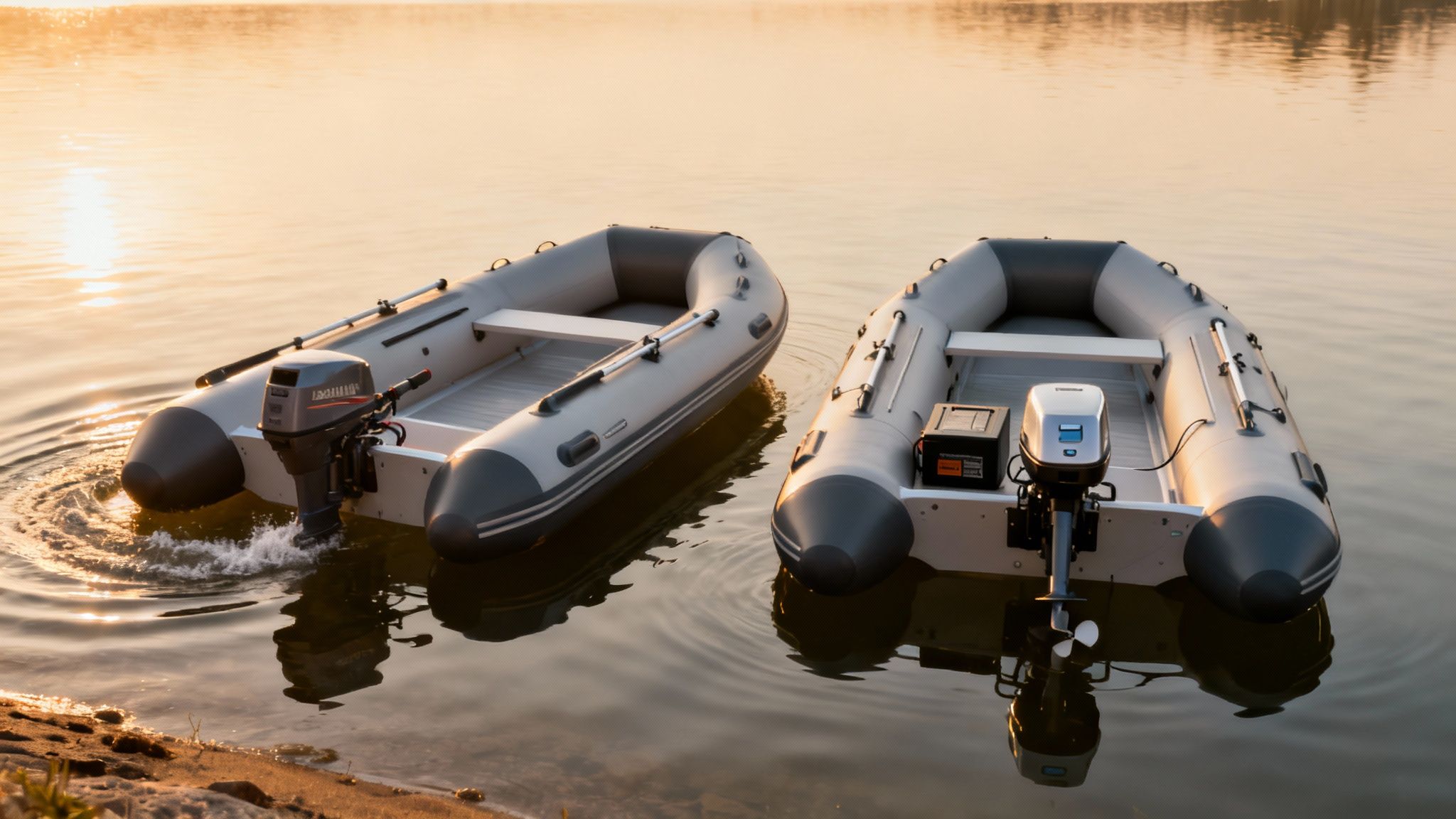 Two motorized inflatable boats float peacefully on a serene lake during a golden sunset.