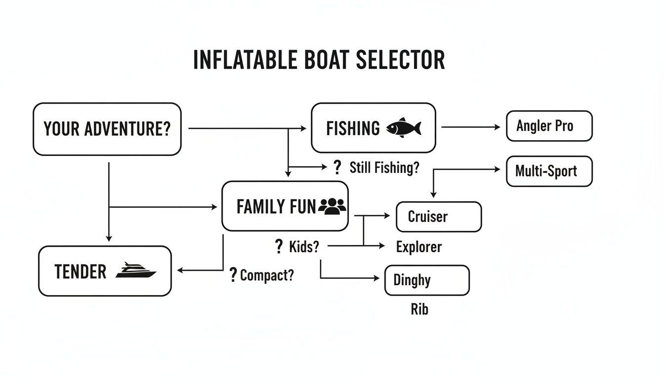 Flowchart for selecting an inflatable boat based on adventure type, including fishing, family fun, or tender use.