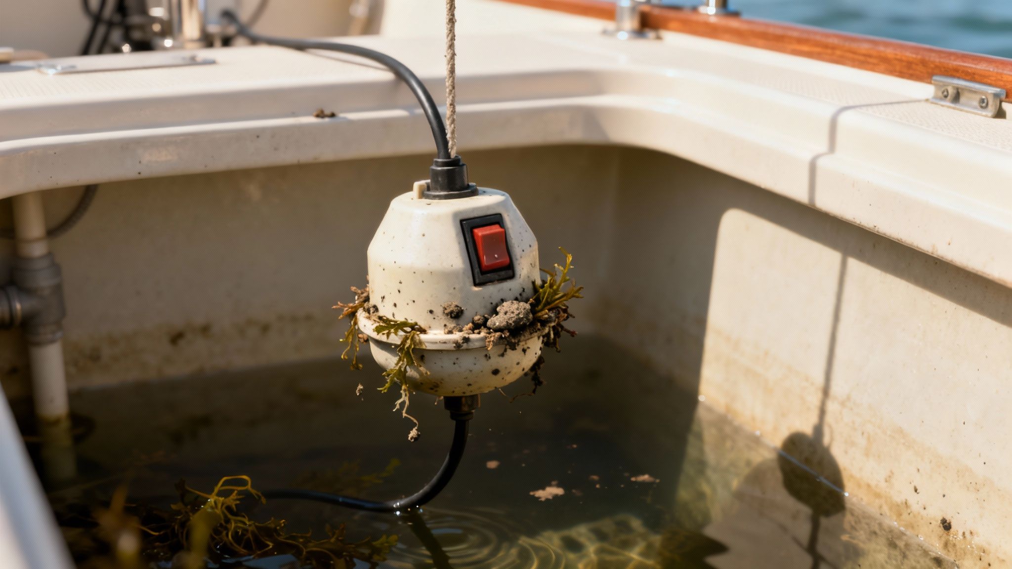 A person inspecting a bilge pump float switch in a boat's bilge compartment with a multimeter.