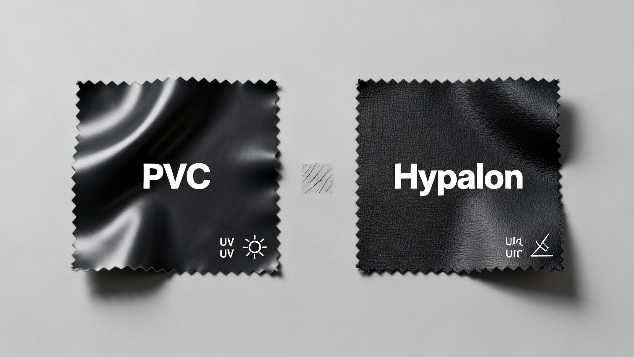 Two black material swatches, PVC and Hypalon, displayed side-by-side with property symbols.