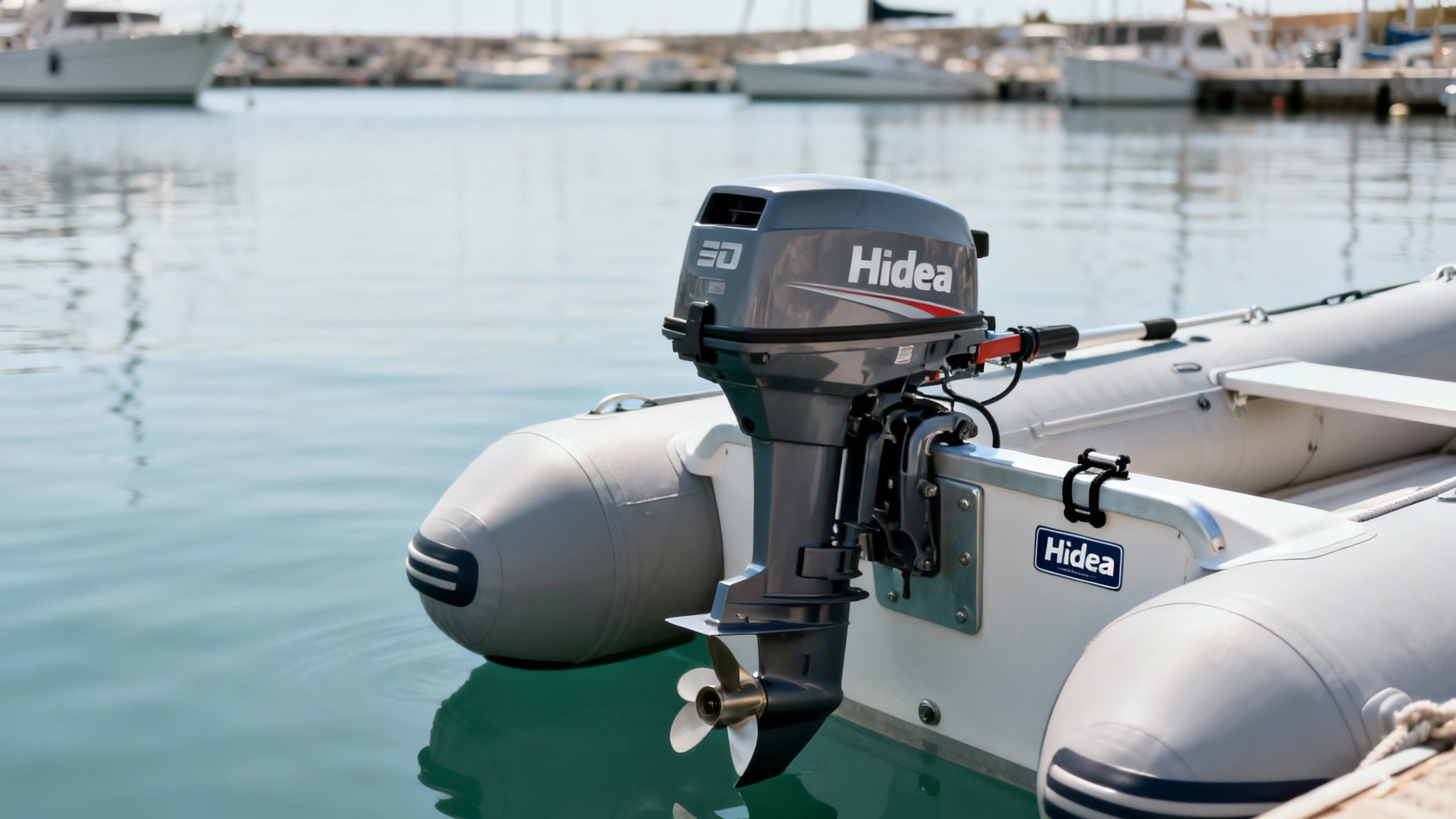 Hidea outboard motor attached to a grey inflatable boat floating in a sunny marina.
