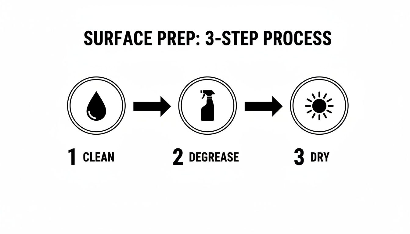 A 3-step surface preparation diagram illustrating clean, degrease, and dry, each with an icon.