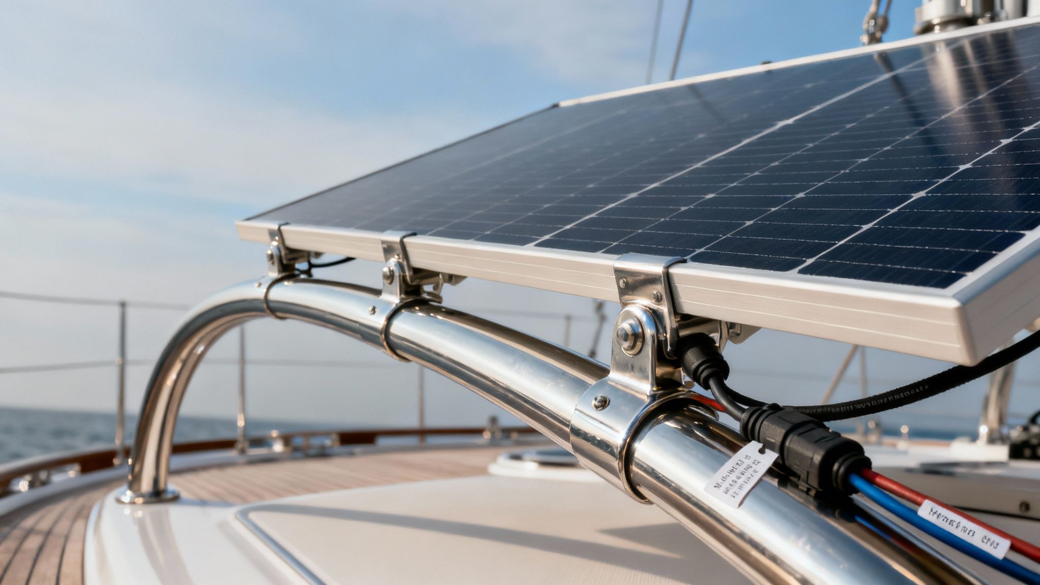 A close-up shot of solar panels being securely installed on a boat's arch.