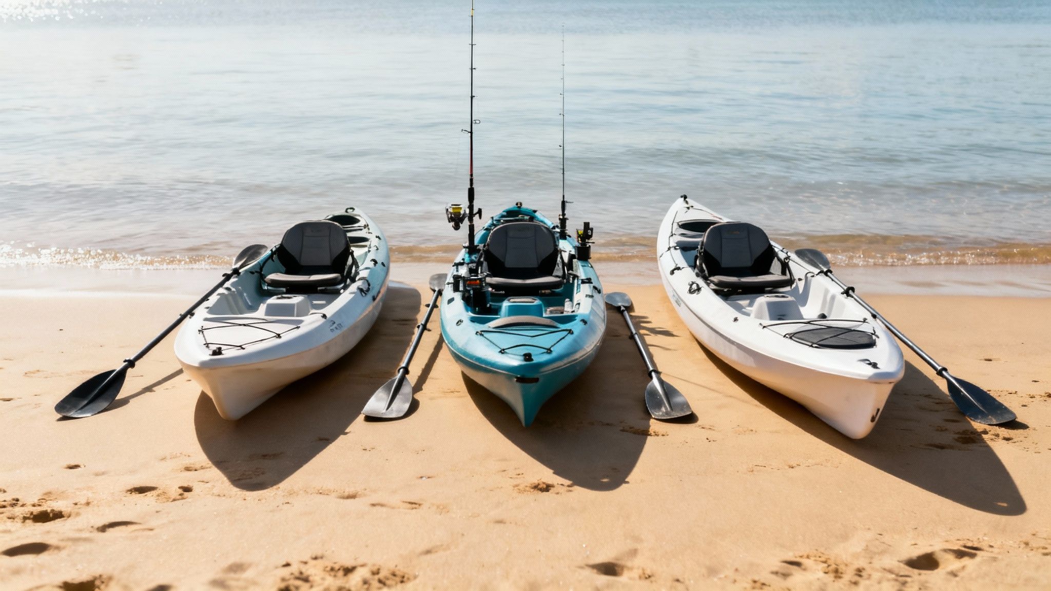 A family enjoying a day out on the water with their sit on top kayaks near a sunny Australian beach