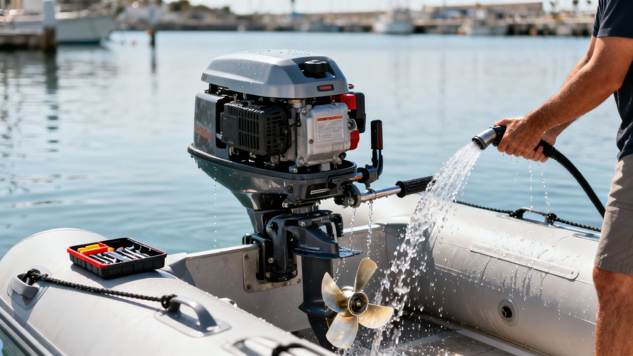 A man hosing down an outboard motor attached to an inflatable boat at a harbor.
