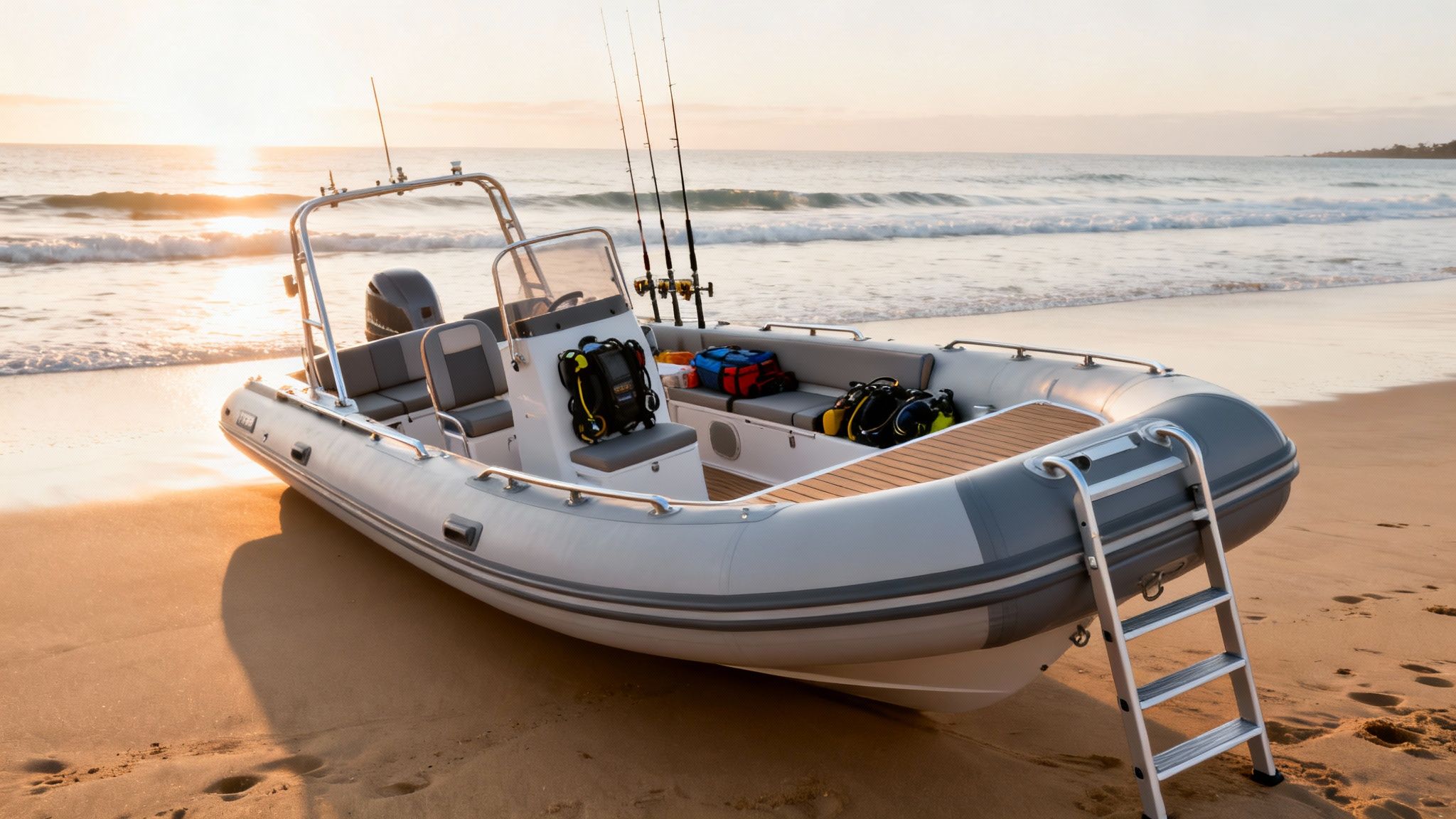 A rigid inflatable boat with fishing rods and diving gear on a sandy beach at sunset.