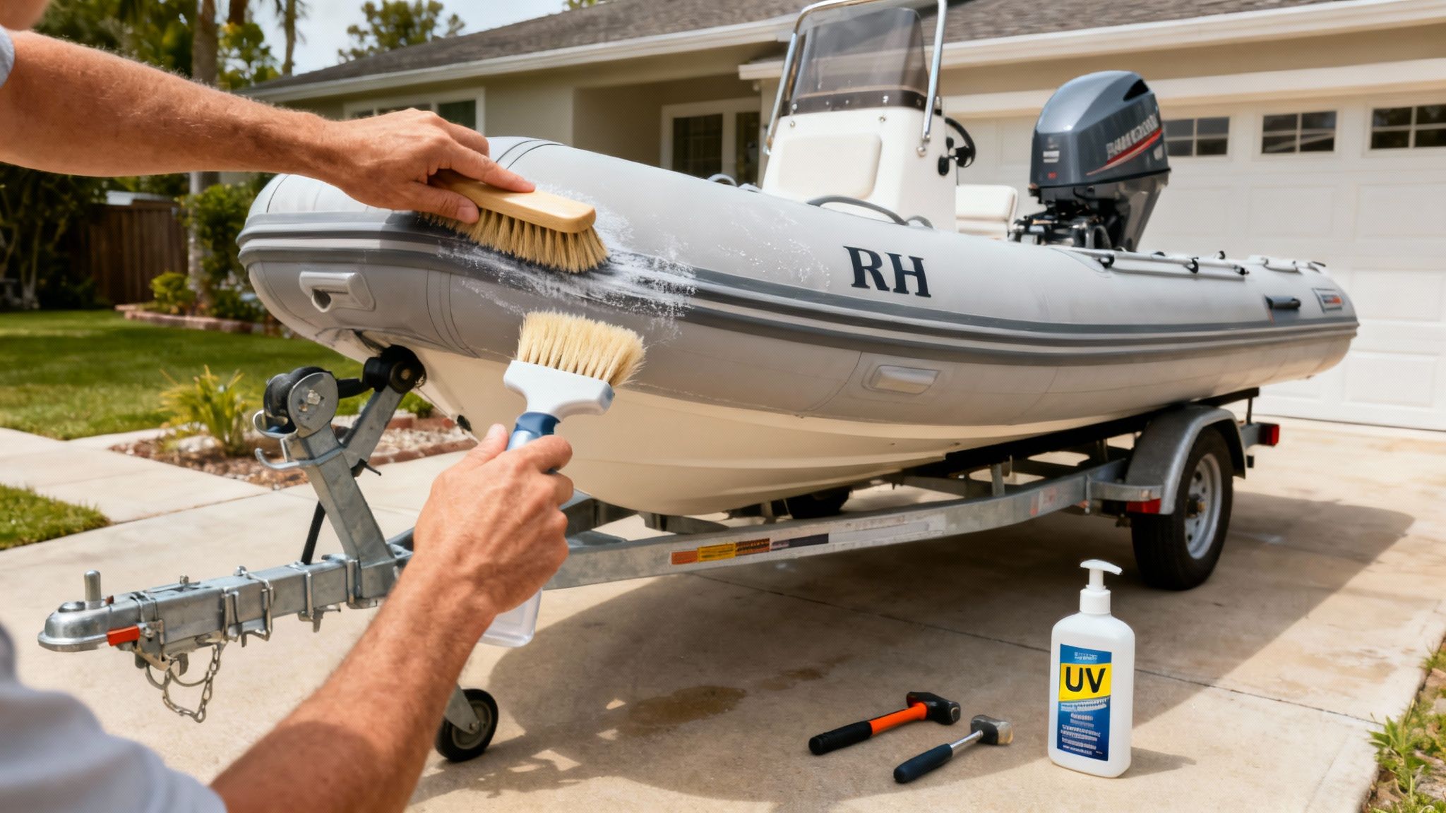 A person uses two brushes to clean a grey rigid hull inflatable boat on a trailer in a driveway.