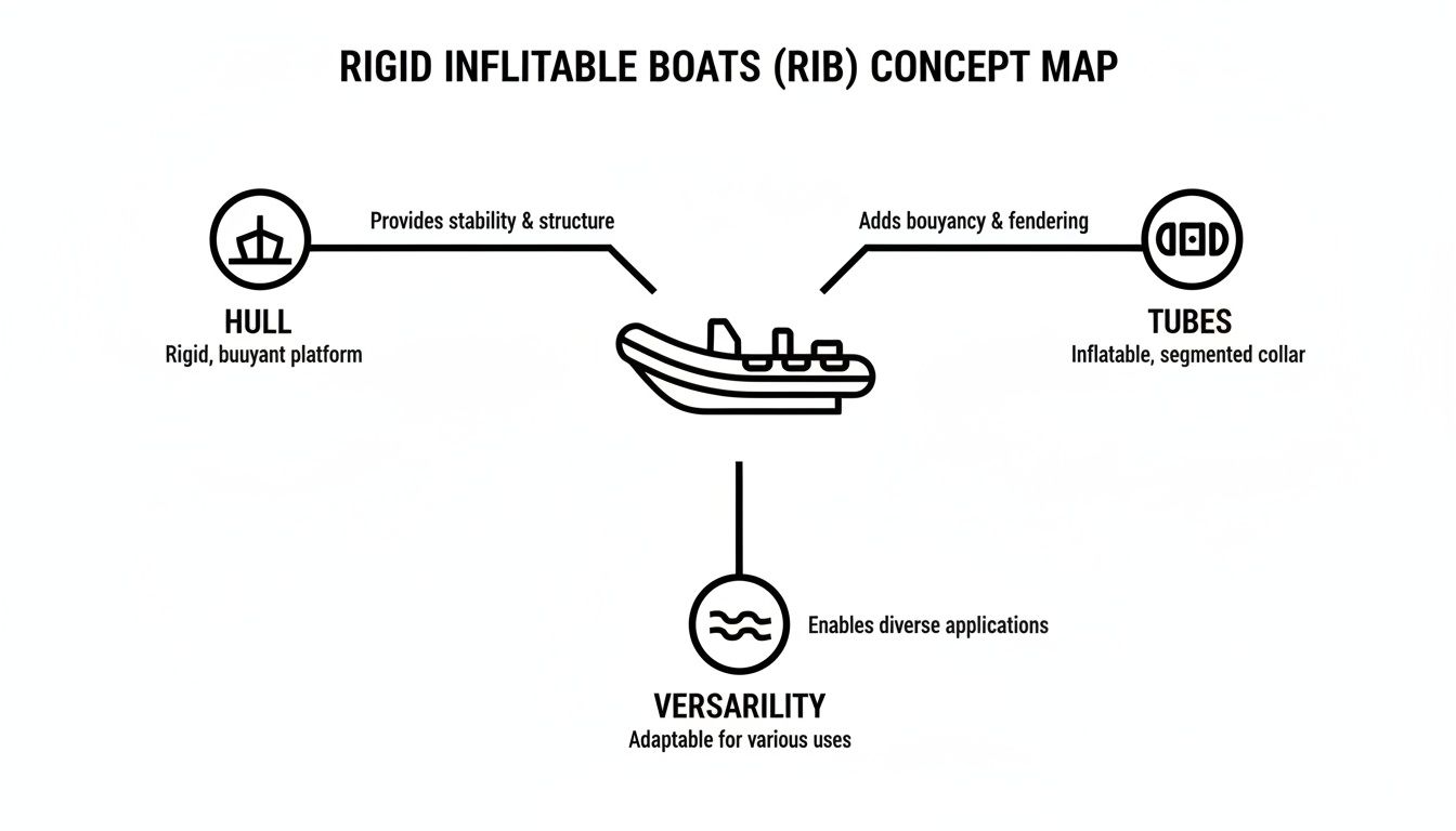 A concept map detailing the structure, components, and versatility of Rigid Inflatable Boats (RIB).