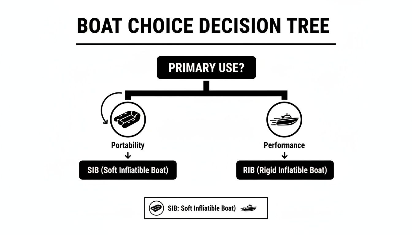 Decision tree illustrating boat choice based on primary use: portability (SIB) or performance (RIB).