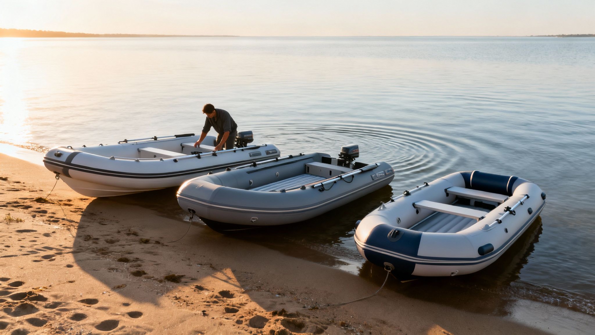 A man prepares three inflatable boats on a sandy beach at sunrise by calm water.