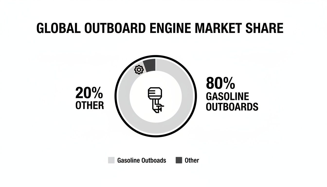 Global outboard engine market share chart showing 80% gasoline outboards and 20% other.
