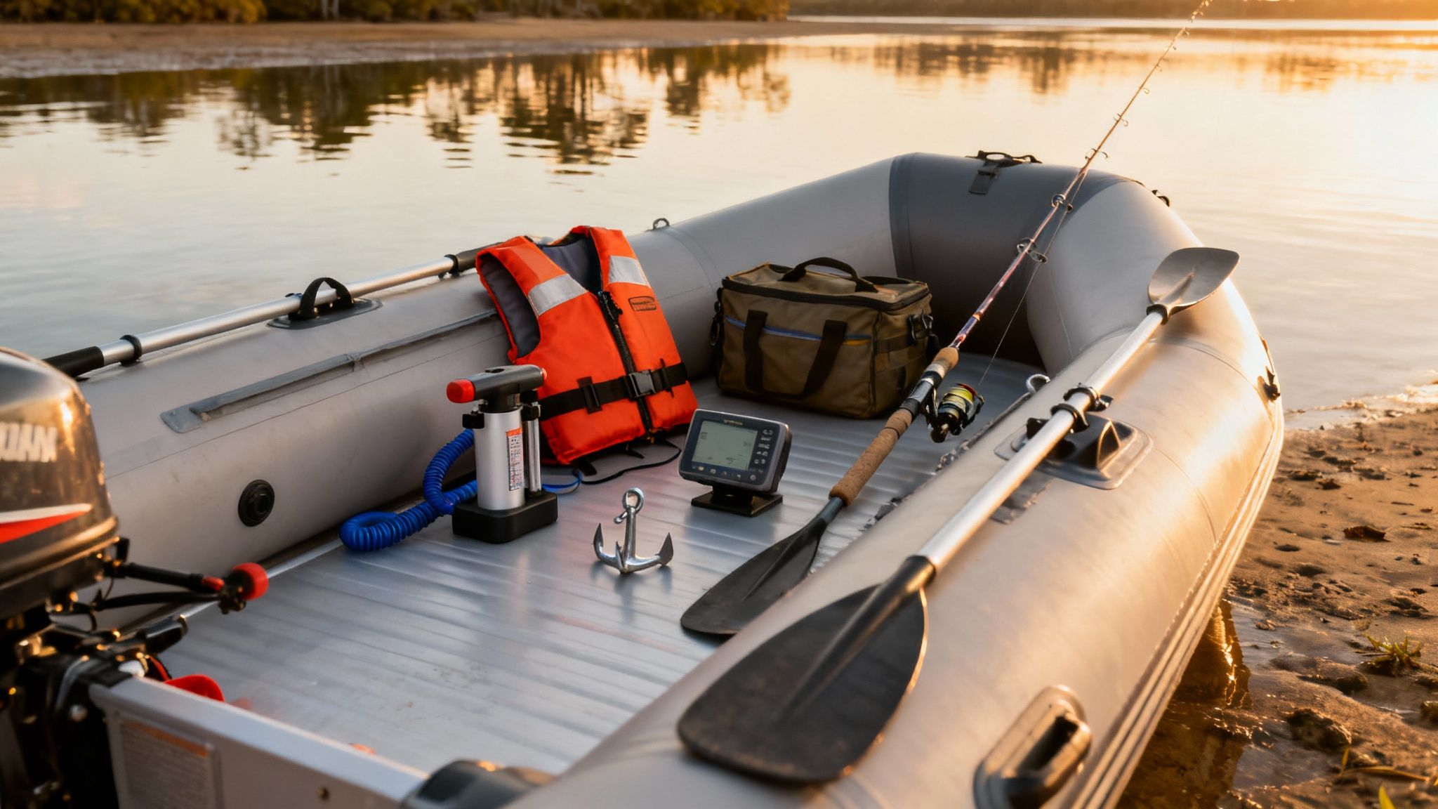 An inflatable fishing boat on the shore filled with fishing gear like a life vest, rod, and fish finder.