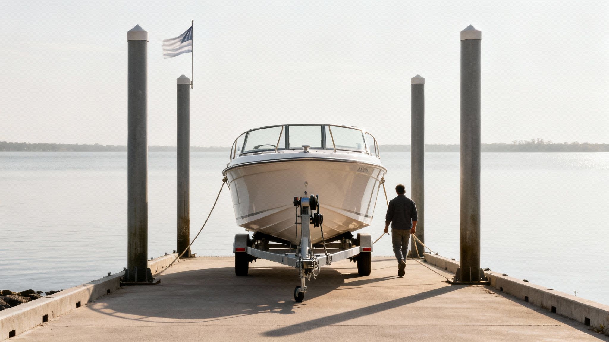 A man walks on a concrete boat ramp toward a boat on a trailer, next to water and tall pillars.