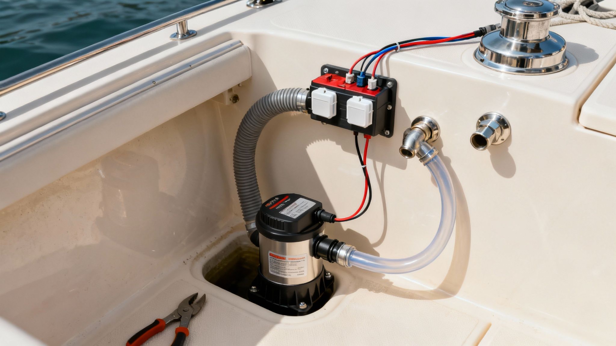 A person's hands installing a new automatic bilge pump in the bilge of a boat.