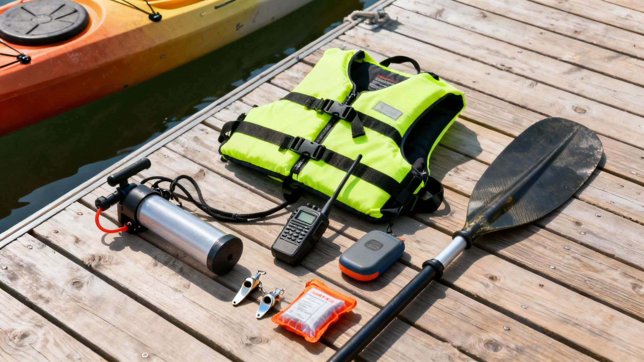 Kayaking gear including a neon yellow life vest, paddle, pump, and radio laid on a wooden dock next to a kayak.
