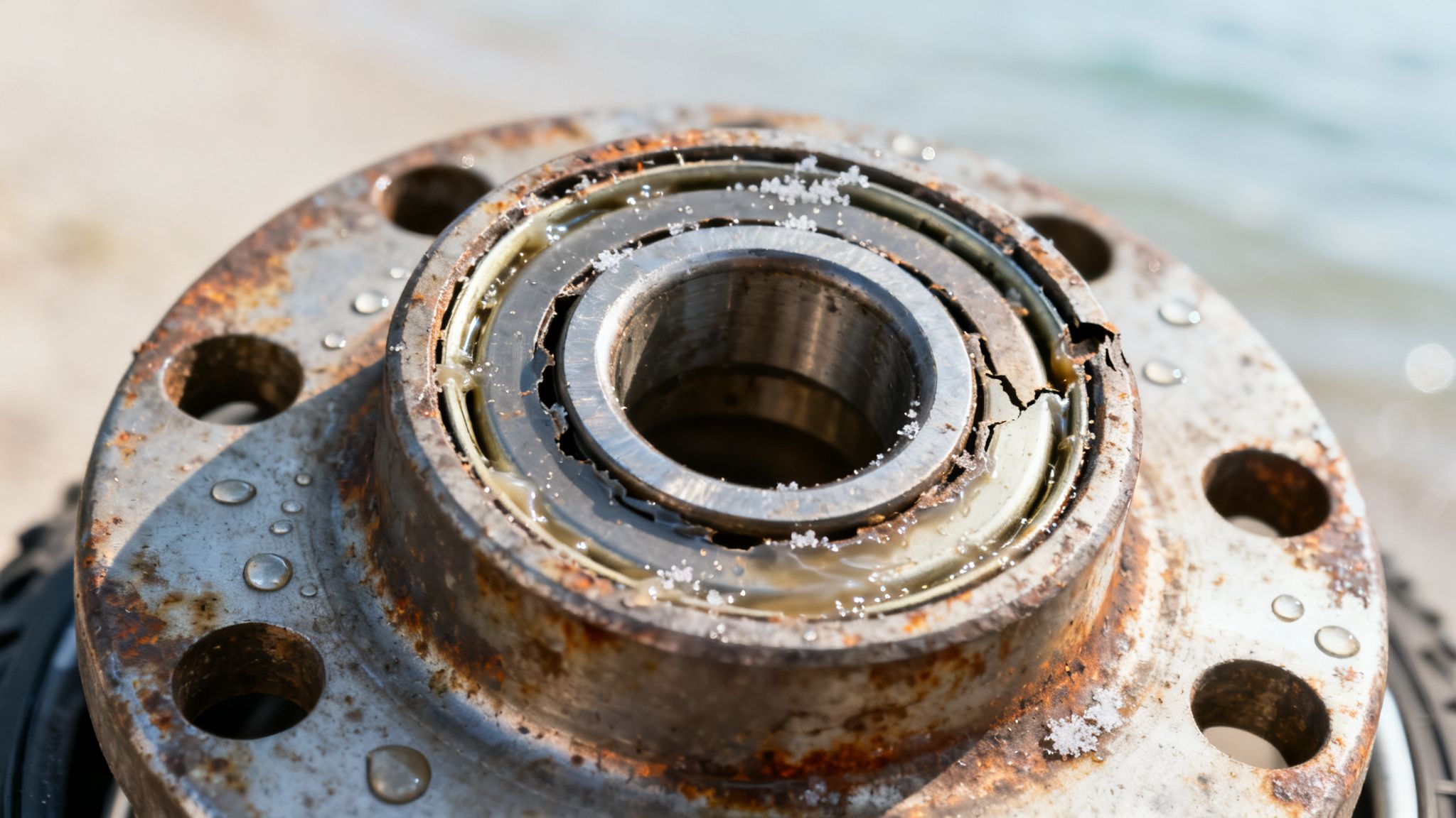 Close-up of a heavily rusted metal wheel bearing with severe corrosion, water droplets, and salt crystals.