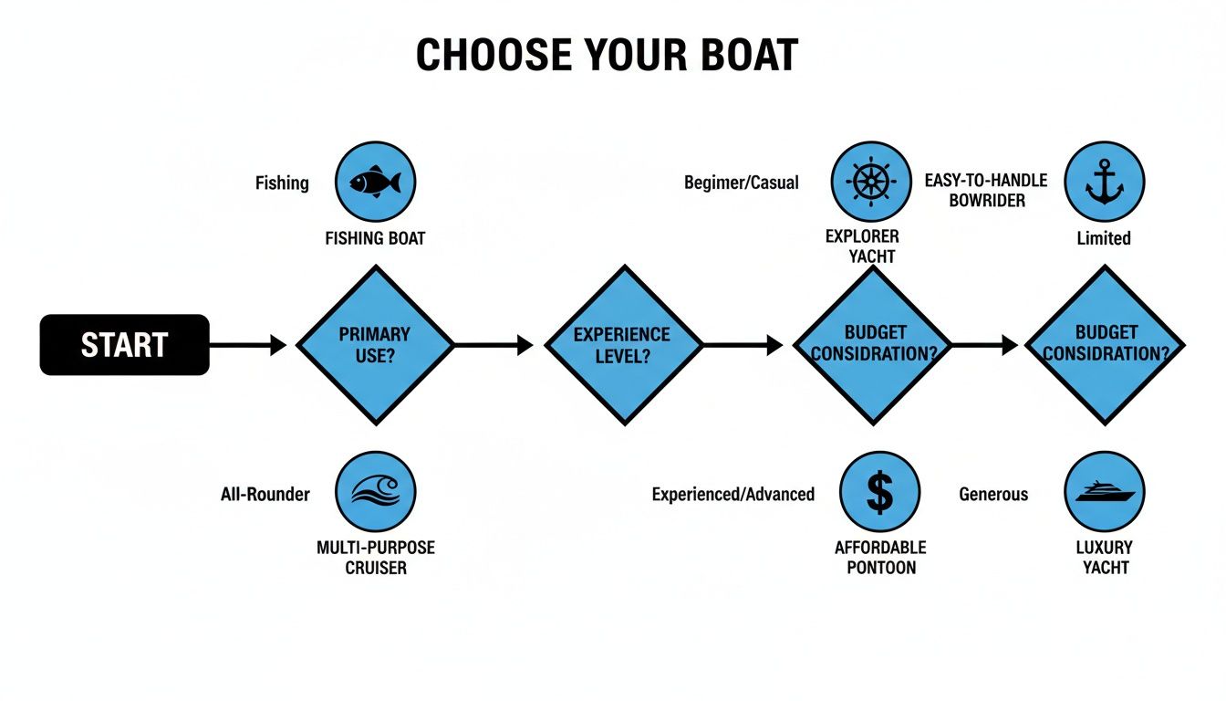 Flowchart guiding users to choose a boat based on primary use, experience level, and budget.